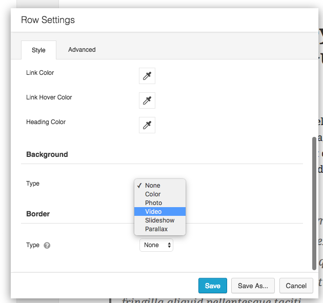 Row Settings Box