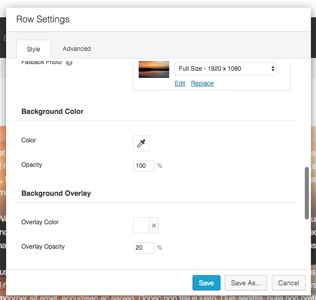 Row Settings Background Colors and Overlay