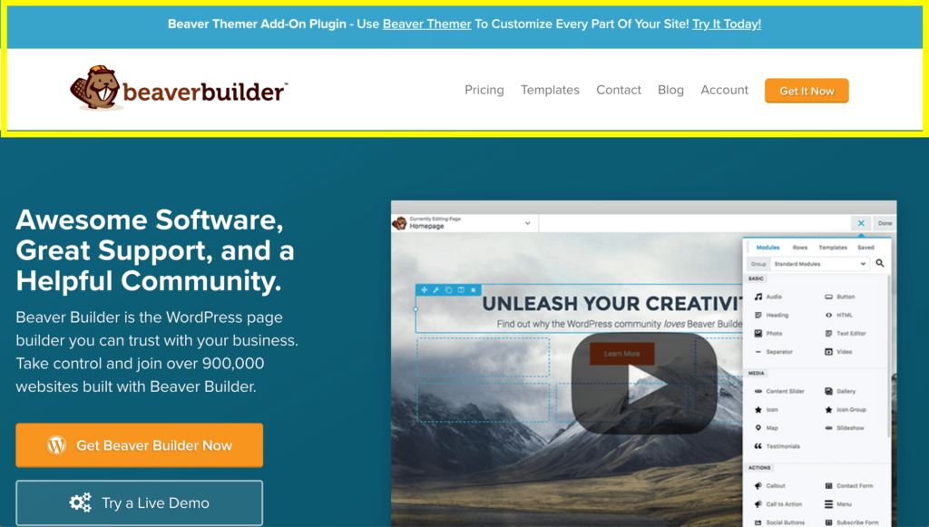 The Beaver Builder website header.