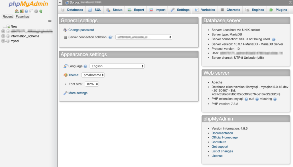 The phpMyAdmin database administration tool.