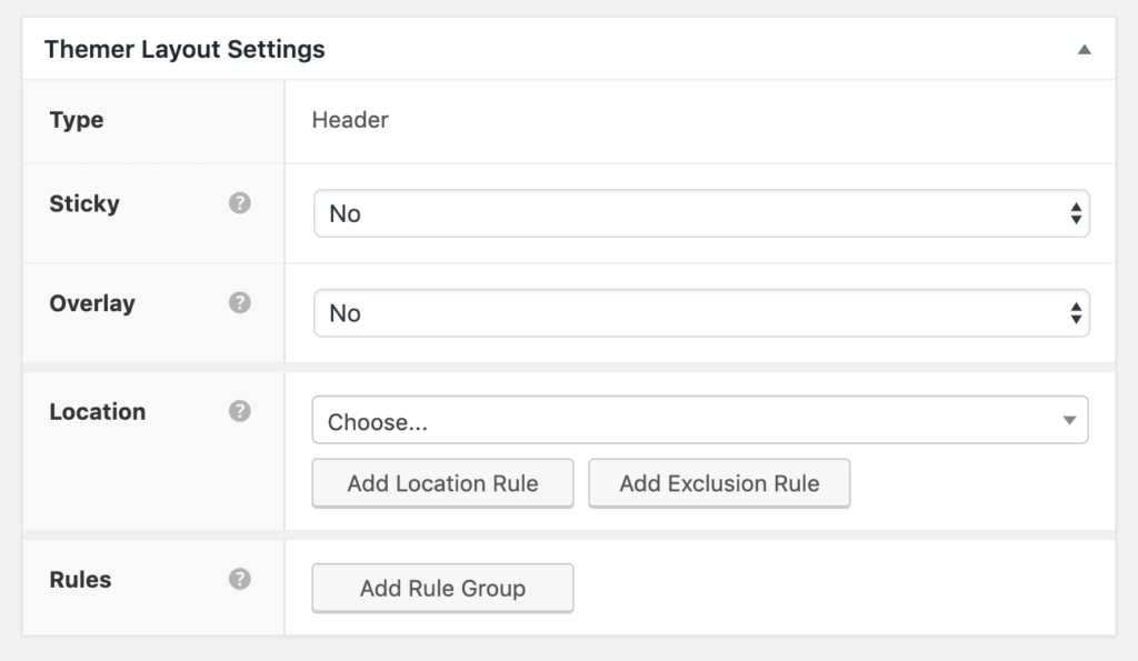 The Themer Layout Settings for a new custom header.