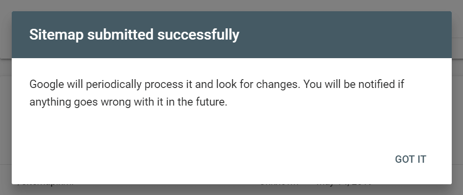 A successful sitemap submission.