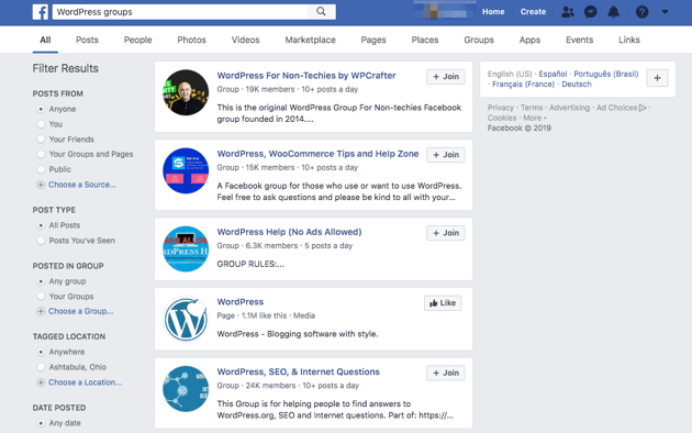 Search results for WordPress groups on Facebook. 