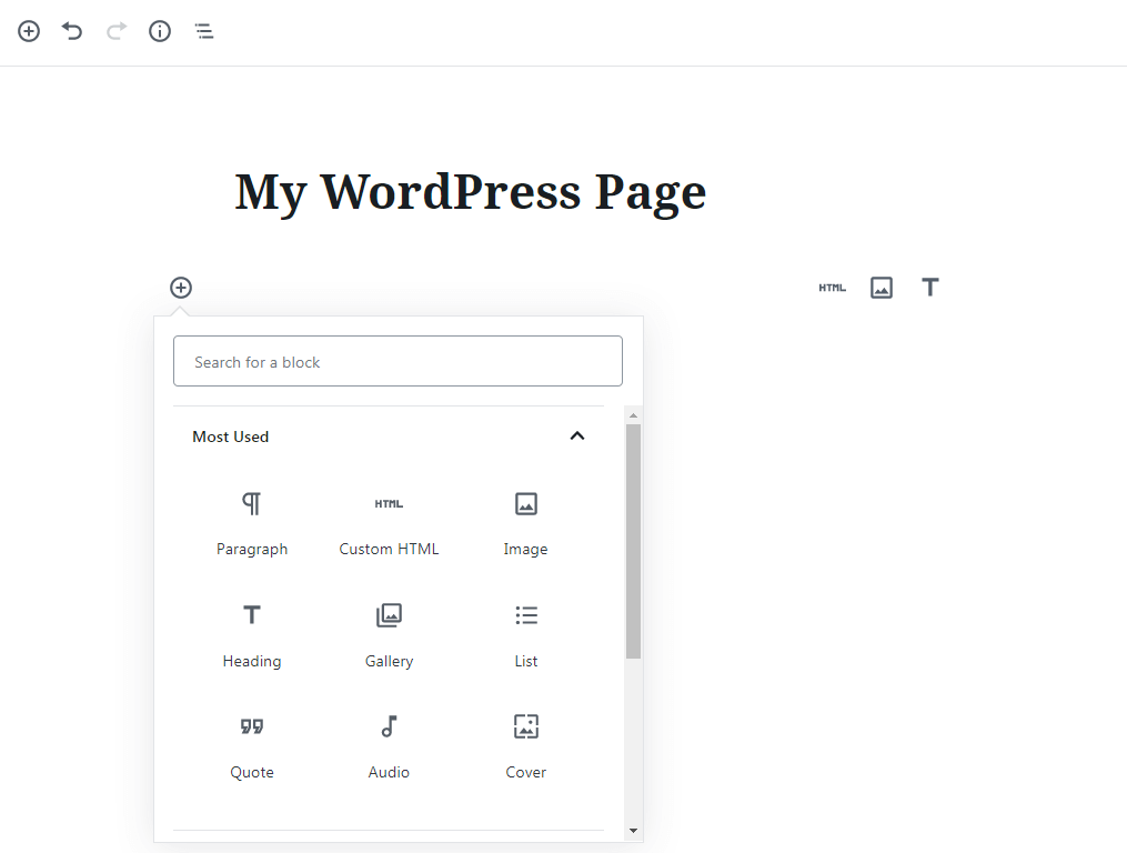 Adding a block in the WordPress editor.
