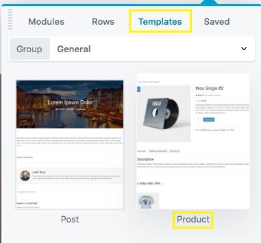 The Beaver Builder menu with highlighting around the Templates tab and the Product template option.