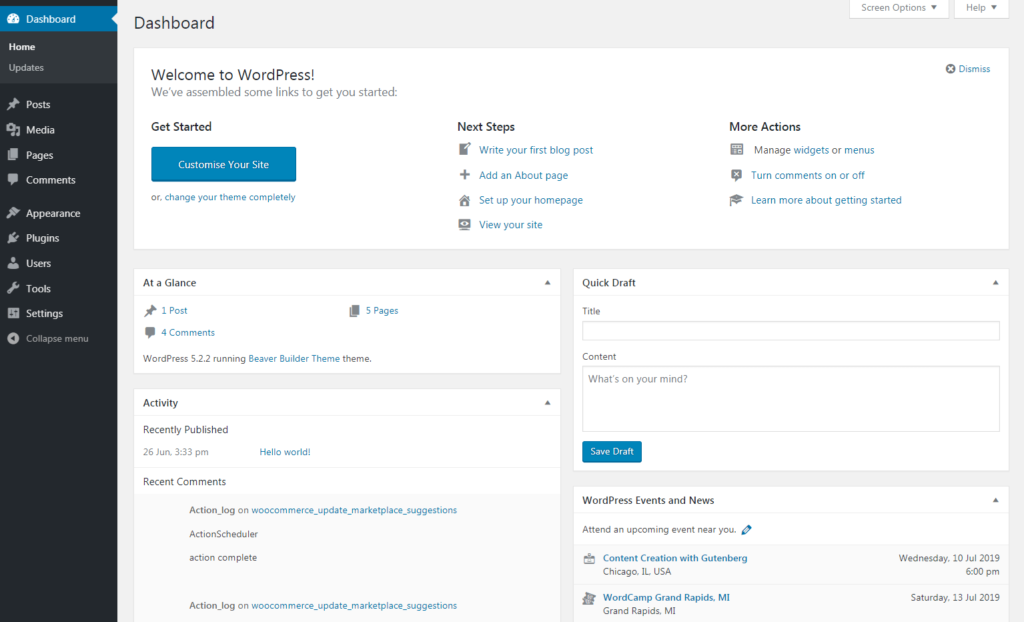 The WordPress dashboard.