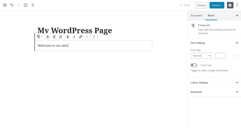 Adding a WordPress paragraph block.