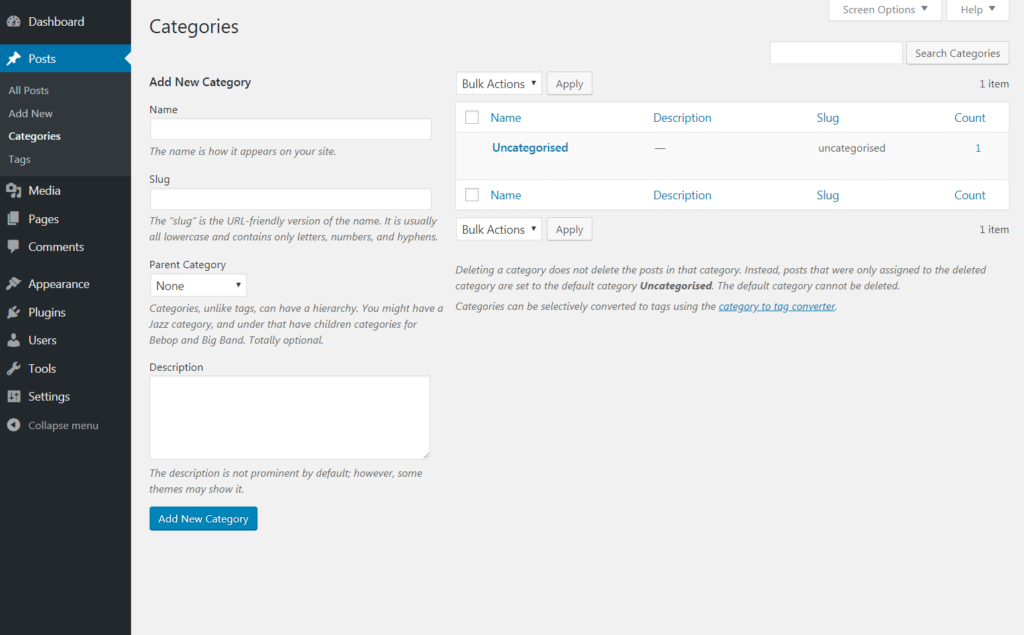 The WordPress Categories tab.