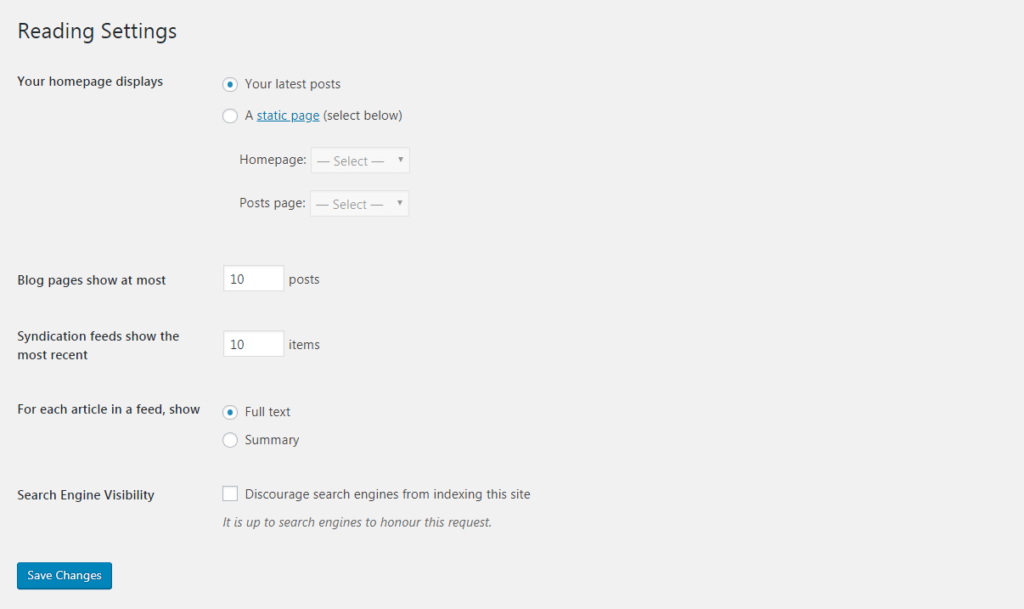 The WordPress Reading settings.