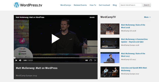 The WordPress TV homepage.