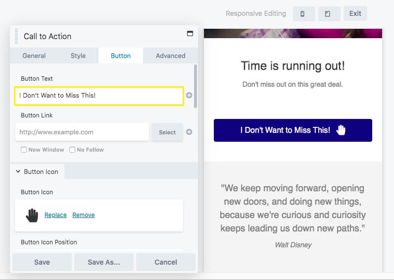 Changing the CTA button text.