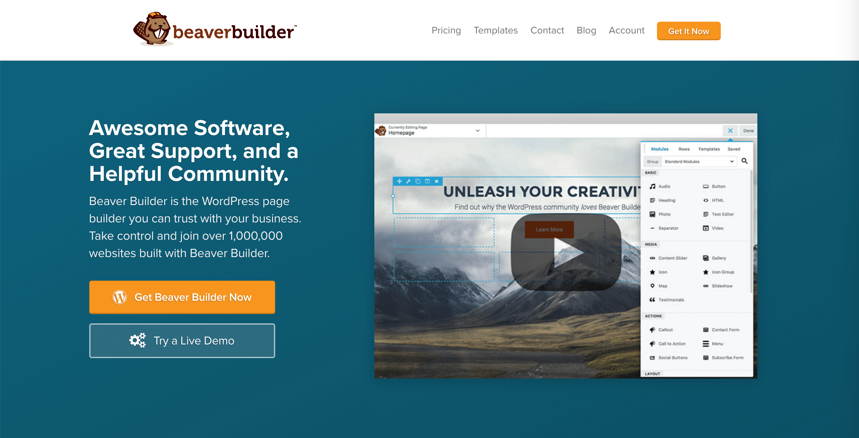 The Beaver Builder homepage, which features a dual-button CTA.