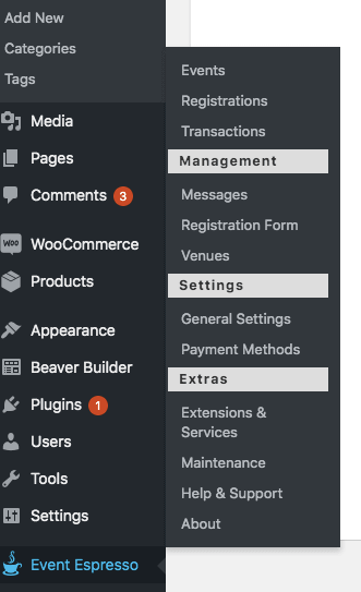 The Event Espresso WordPress menu.