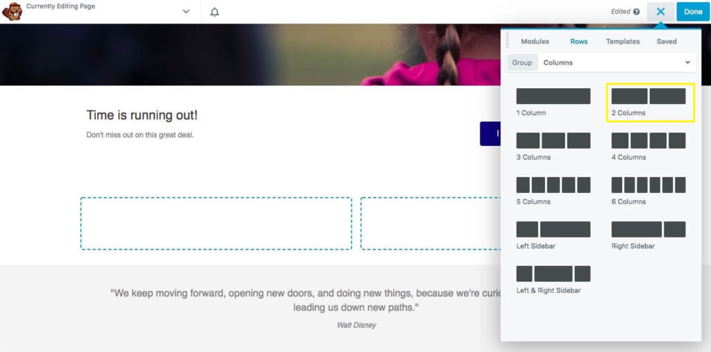 A two-column layout in the Beaver Builder editor.