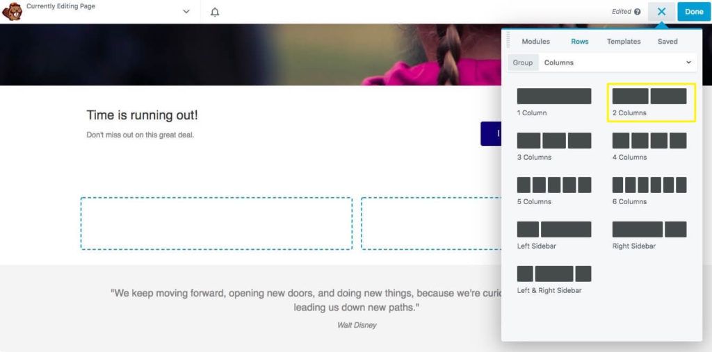 A two-column layout in the Beaver Builder editor. 