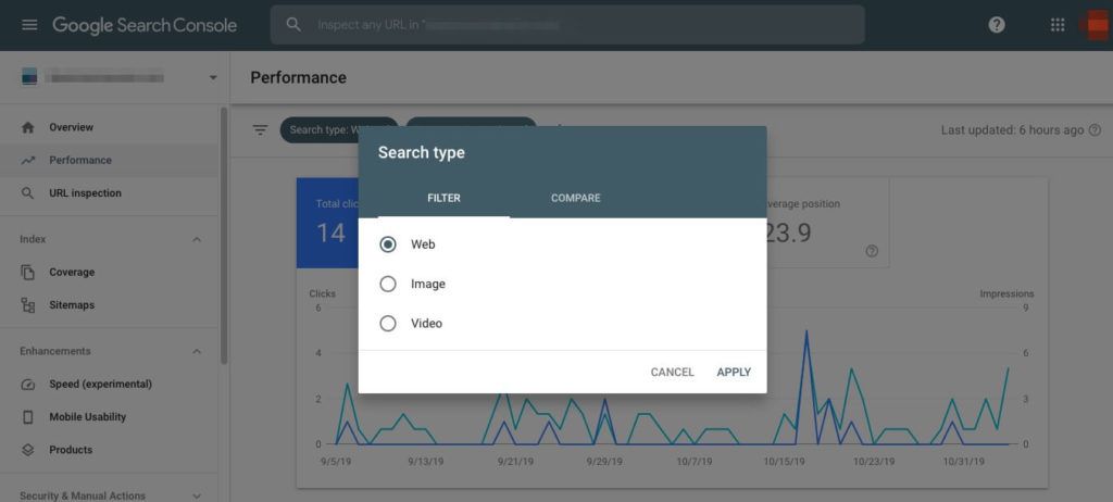 Search types in the Google Search Console Performance report.