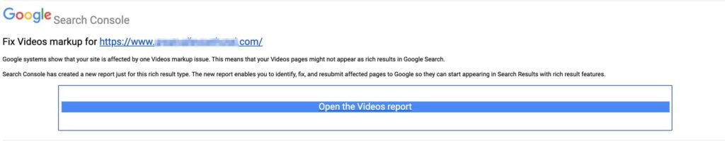 The Google 'Fix Videos markup' alert email notification.
