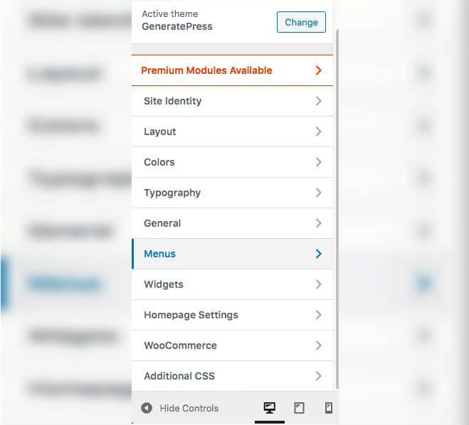 The free GeneratePress Customizer menu. 
