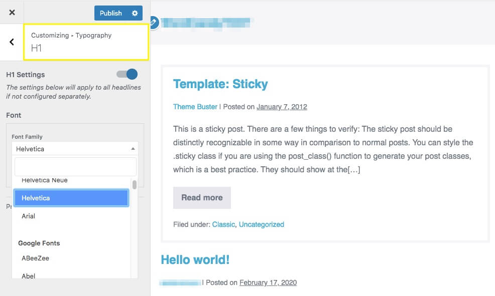 The Typography menu in the Page Builder Framework theme Customizer.