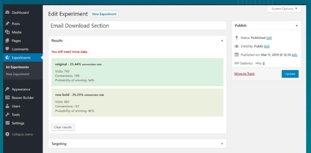 An experiment in the A:B testing plugin