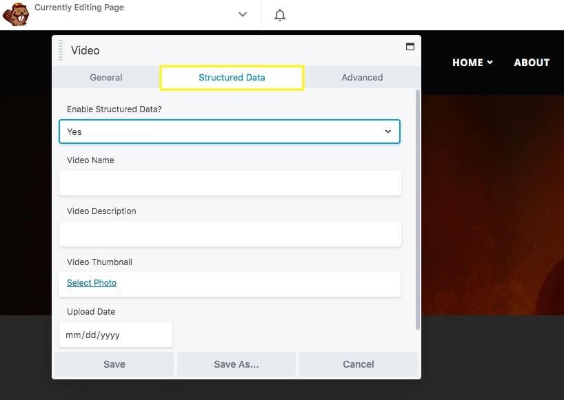 Filling the structured data fields in the Beaver Builder video module settings