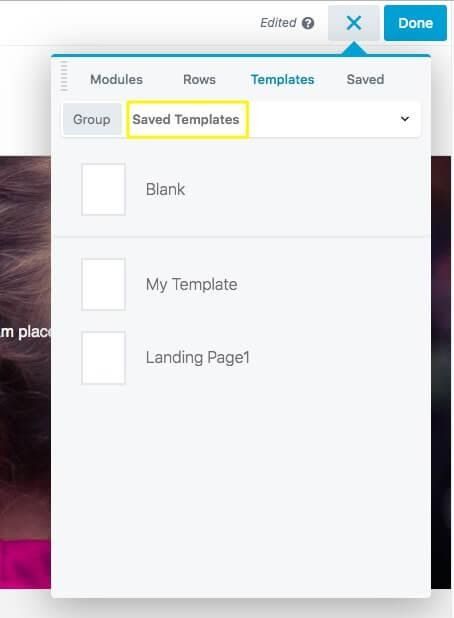 The saved templates menu