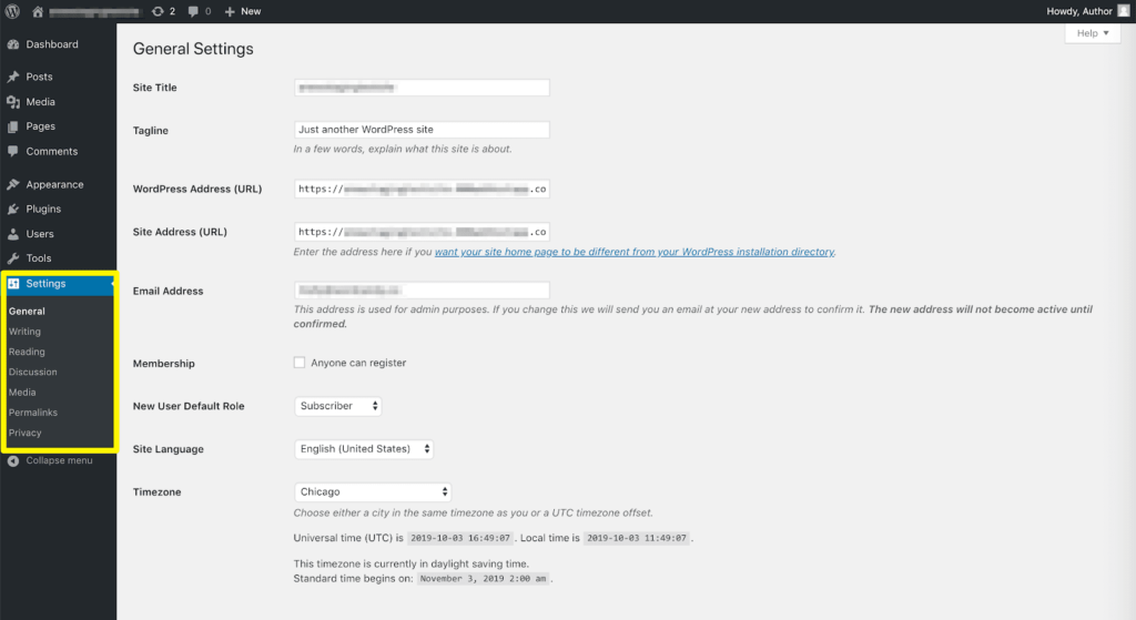 WordPress Settings Screen