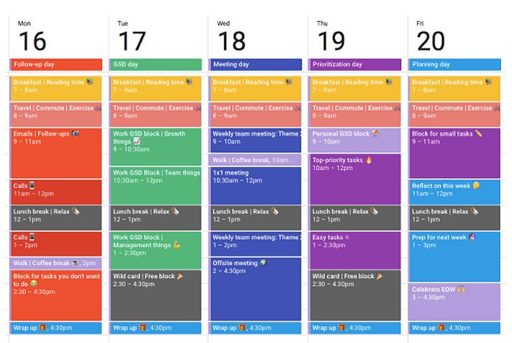 An example of time blocking on Google Calendar