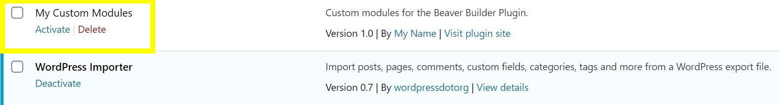 Activating your new custom module plugin in the WordPress dashboard.