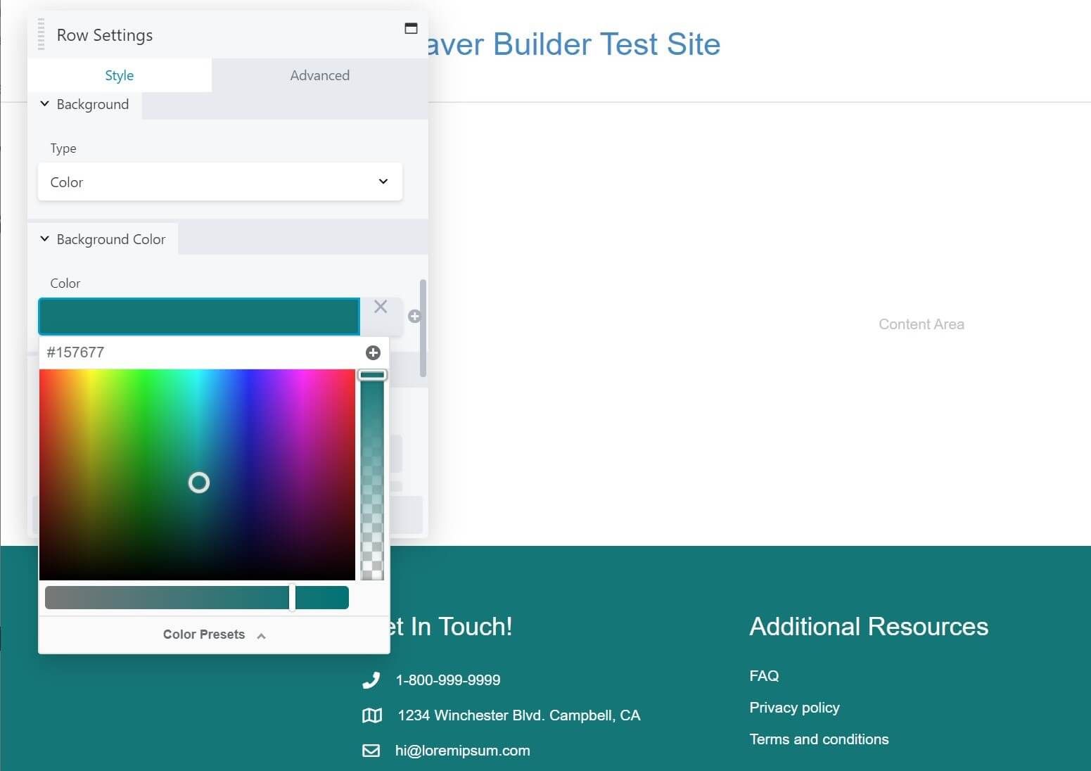 The controls to change the color of your custom footer background.