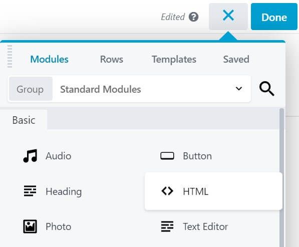 Adding an HTML module in Beaver Builder.