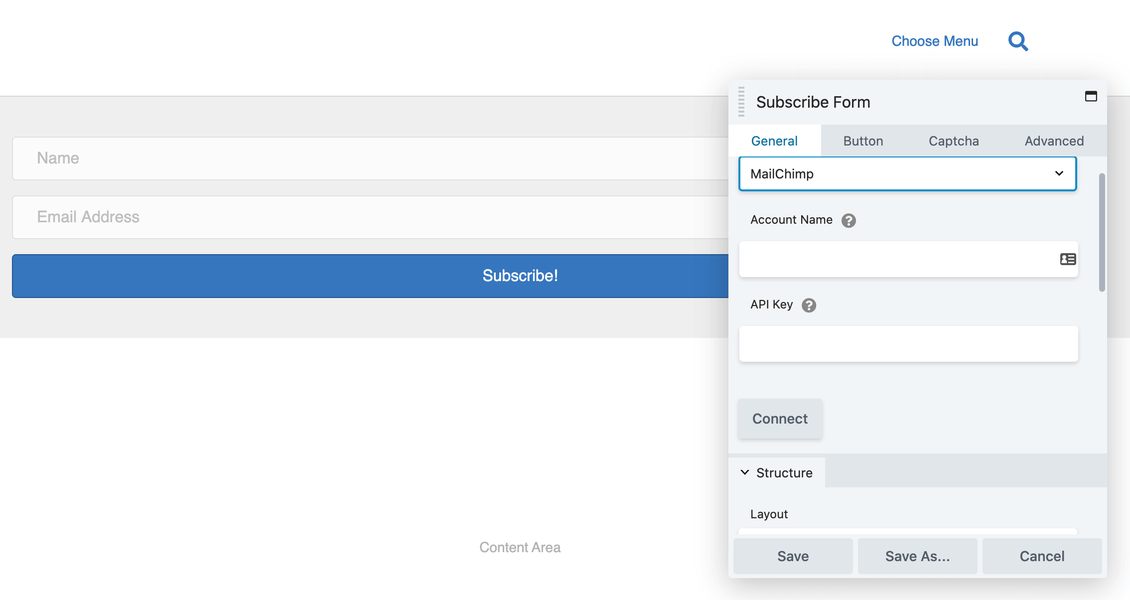 Connecting Beaver Builder to MailChimp using the Subscribe Form module.