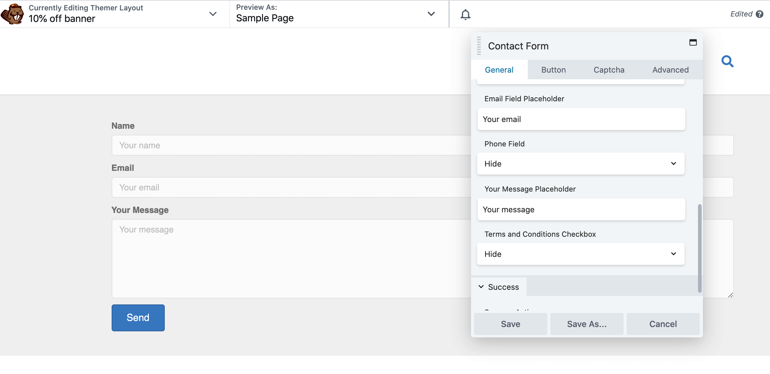 The Contact Form settings menu in the Beaver Builder editor.