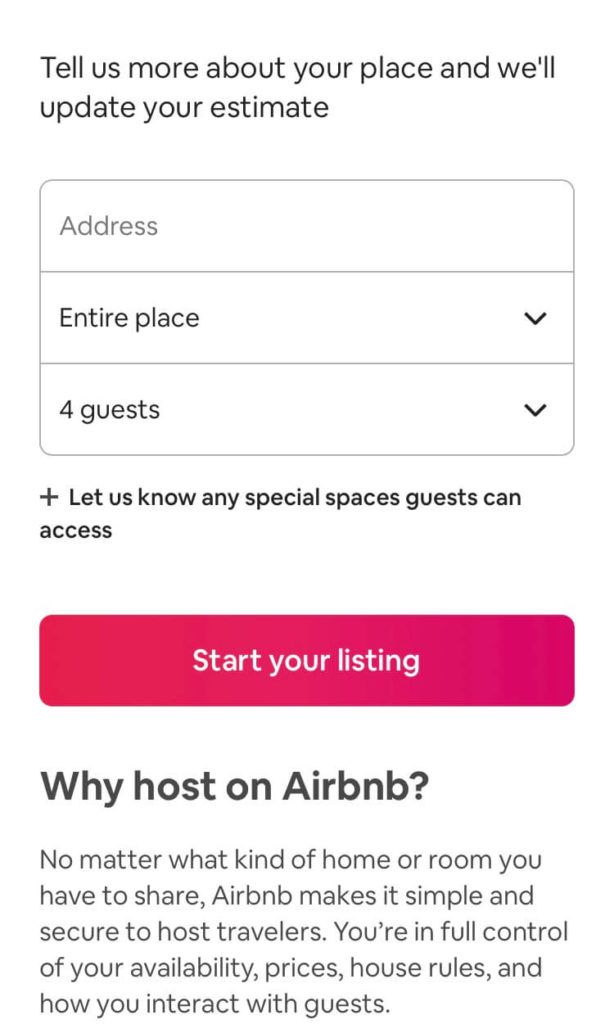 The lead generation form on Airbnb's mobile landing page.