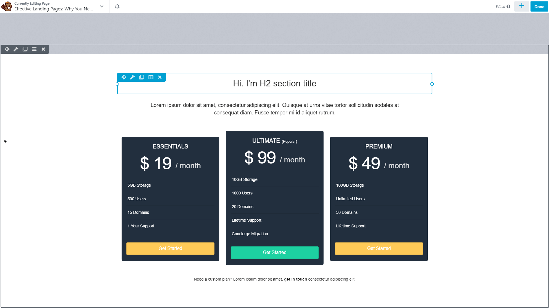 A pricing table built with Beaver Builder.