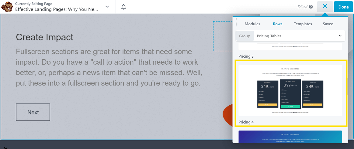 The Pricing Table pre-built row in Beaver Builder.