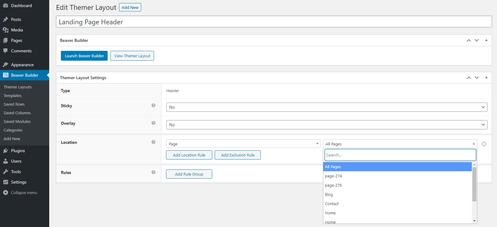 Beaver Themer layout options.