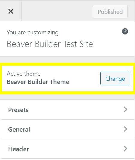 The Beaver Builder theme in the WordPress Customizer.