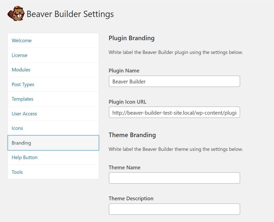 The Beaver Builder Branding settings.