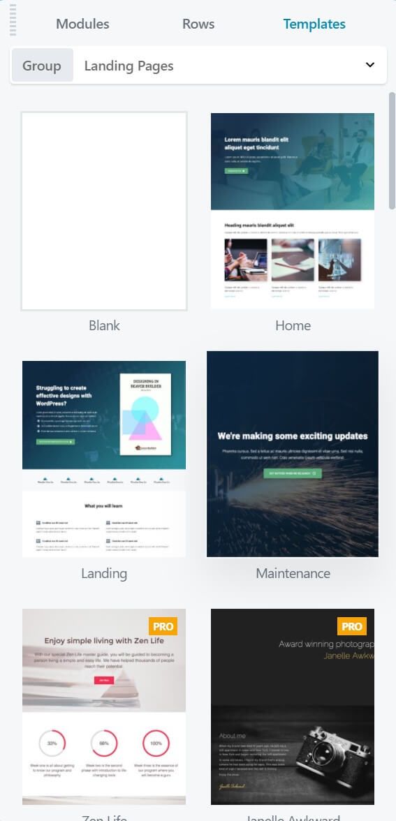 Beaver Builder templates for landing pages.