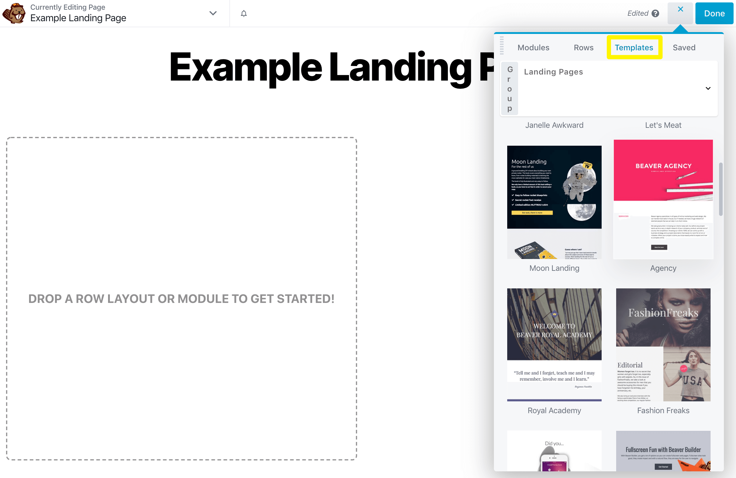 Choosing a landing page template in Beaver Builder.