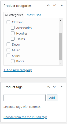 Product categories and tags.
