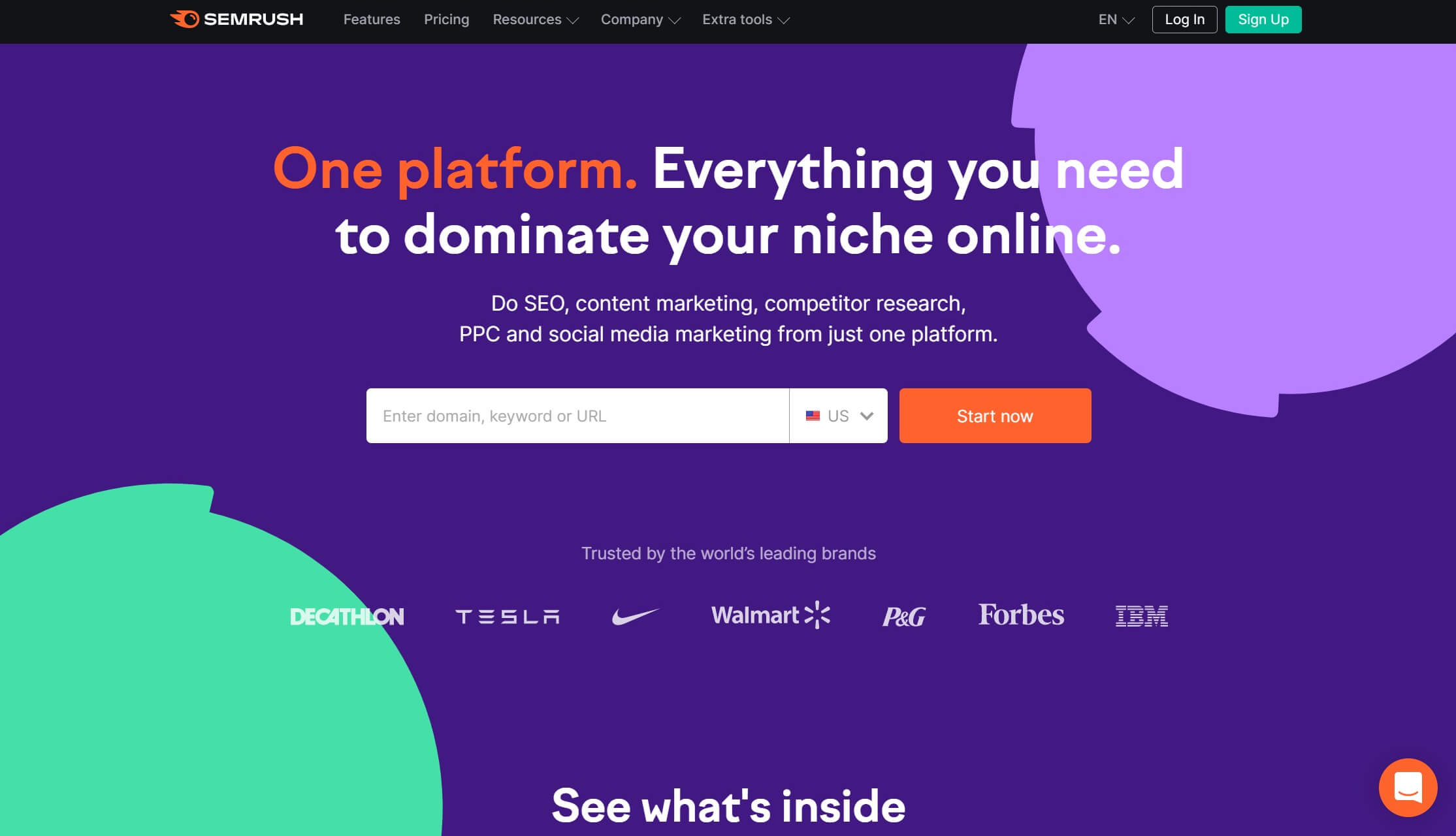 صفحه اصلی SEMrush.