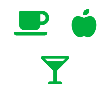 Three icons grouped together: a teacup, an apple, and a martini glass.
