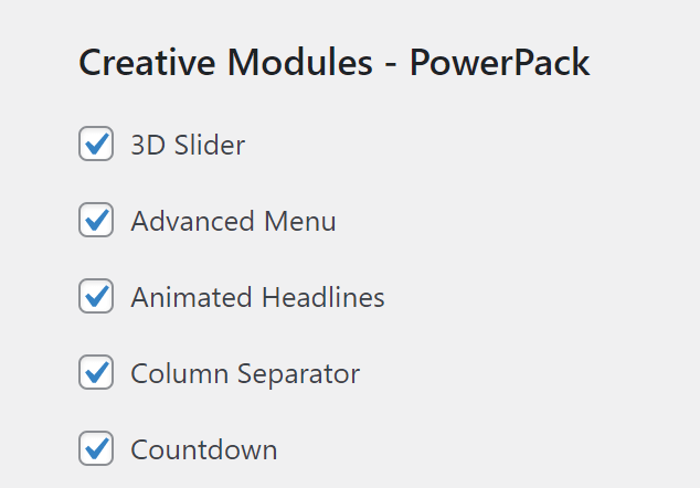 A few PowerPack module options to disable, including the 3D Slider and the Countdown options.