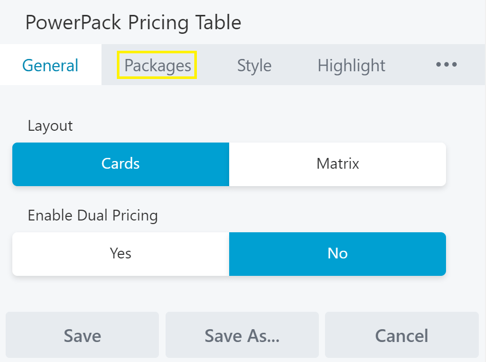 A few of the options for the PowerPack Pricing Table module.