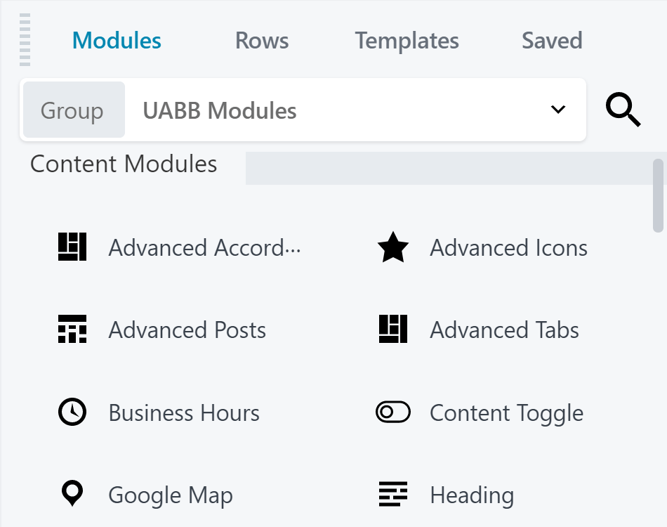 A few of the module choices provided by the UABB plugin.