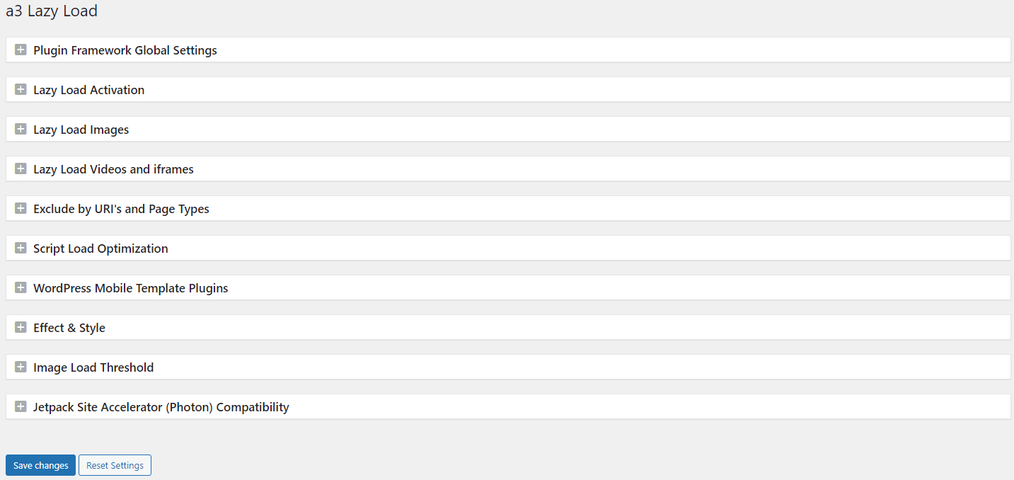 The available settings for a3 Lazy Load.