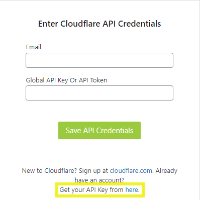 A link to the Cloudflare API keys.