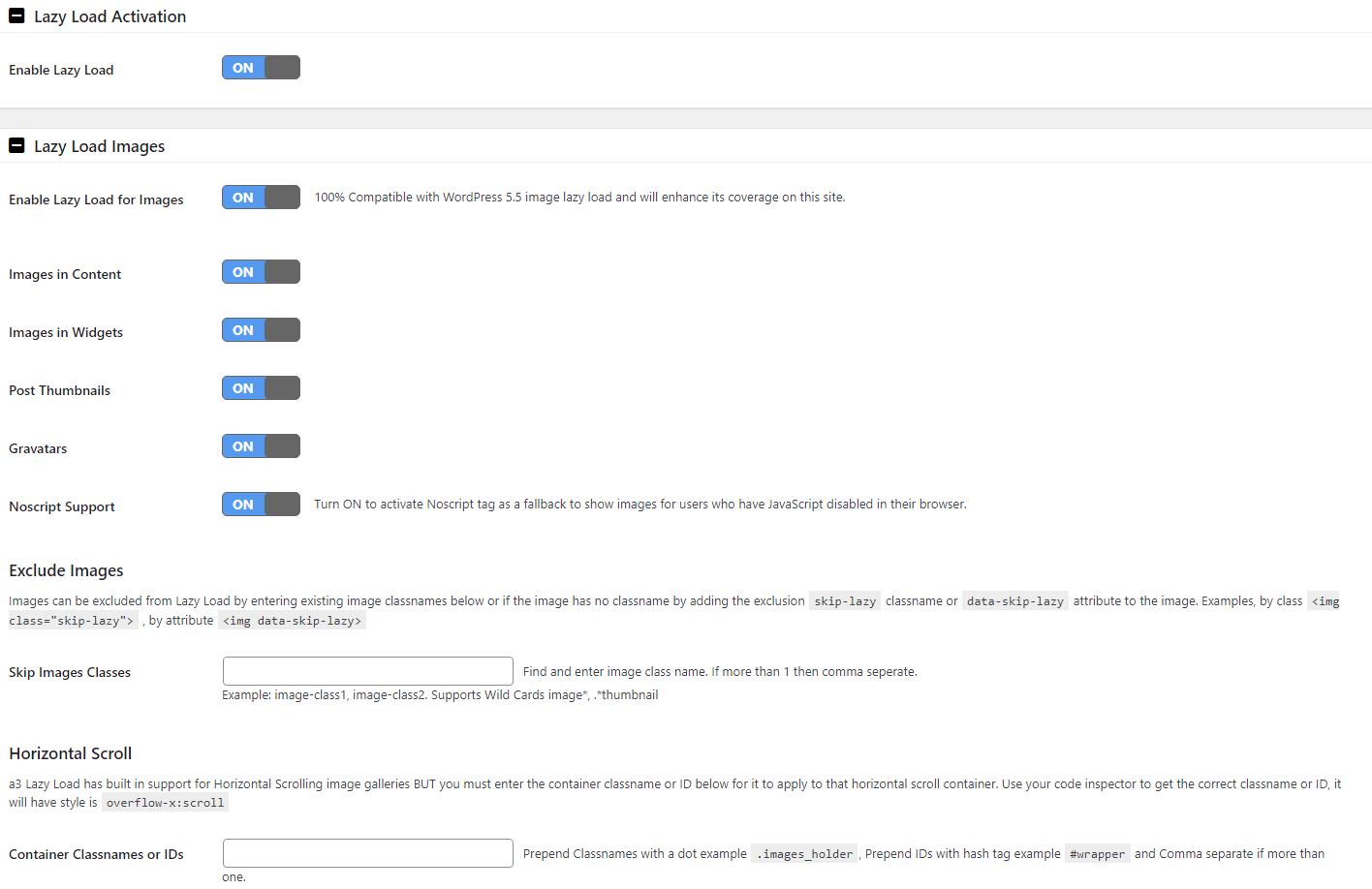 The default settings for the a3 Lazy Load plugin.